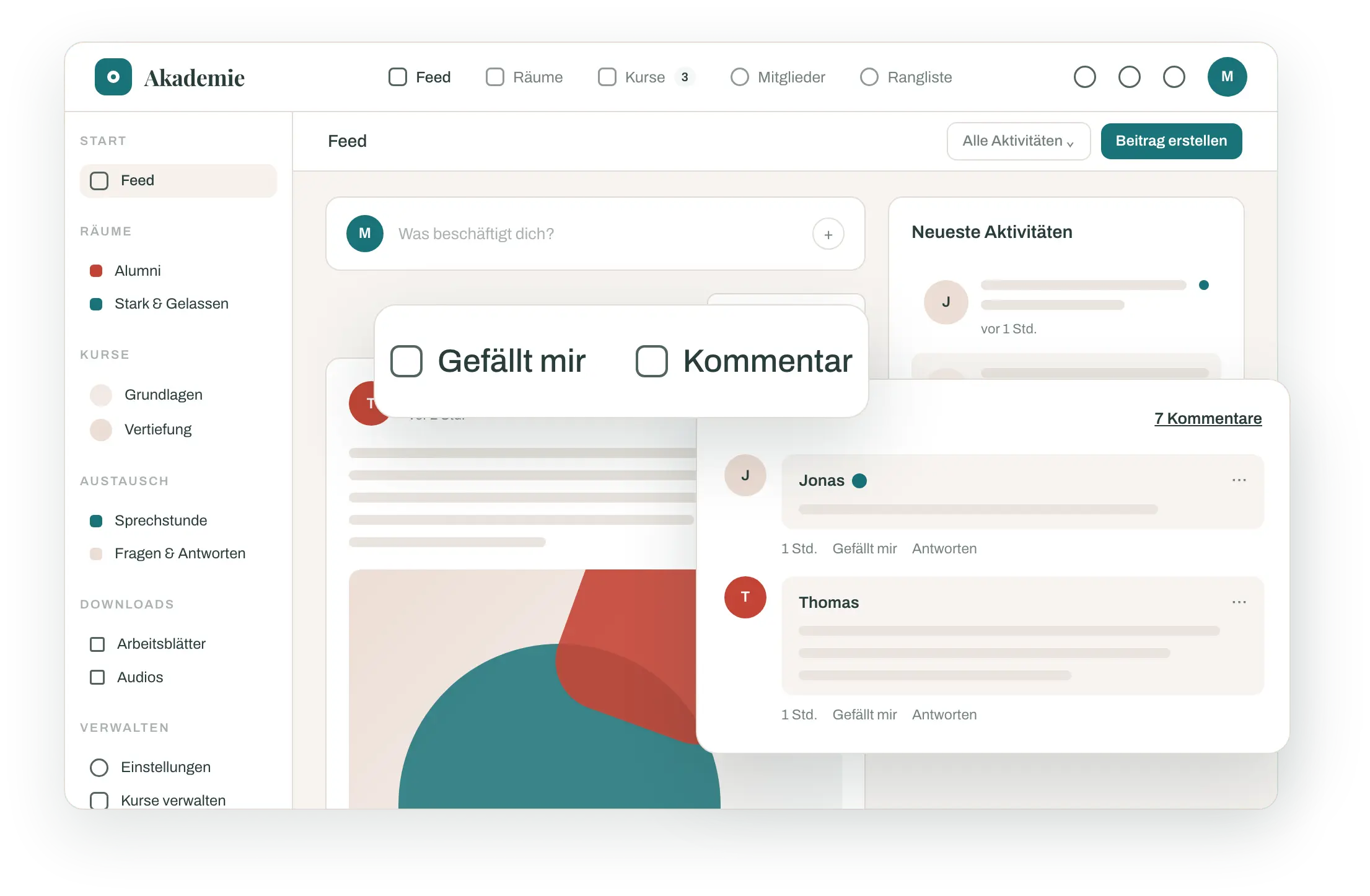 Akademie-Ansicht: Feed mit Beitrag, Reaktionen und Kommentaren